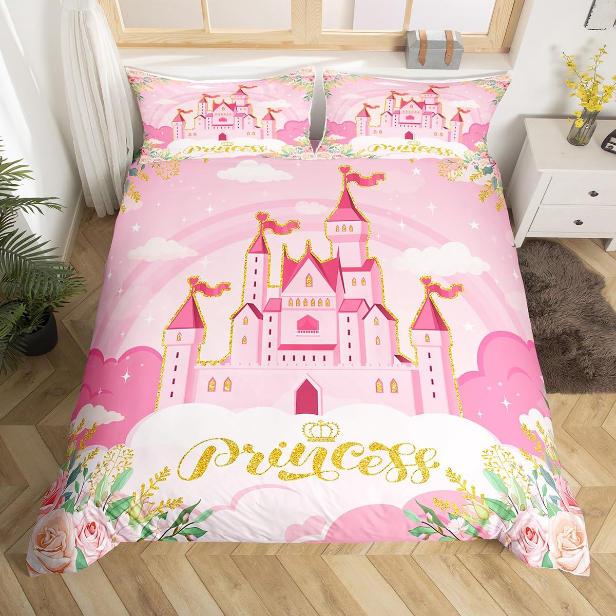 Manfei Princess Twin Bedding Sets for Girls,Pink Castle Dreamy Comforter Cover Kids Bedroom Decor,Flowers Bed Set,Fairy Tale Theme Duvet Cover Cute Blanket,Gifts for Girl,No Comforter