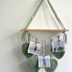 Tefola Macrame Wall Hanging Shelf, Boho Hanging Wall Decor Boho Shelf Woven Leaf Tapestry Shelf Boho Bookshelf Wood Floating Shelf for Bedroom Living Room Nursery Bathroom