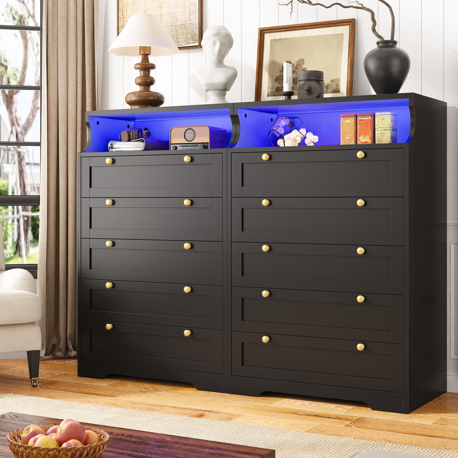 EnHomee 5 Drawer Dresser with LED, Black Dresser for Bedroom, Bedroom Dressers & Chests of Drawers, Tall Dresser with Deep Drawers for Bedroom Hallway Closet