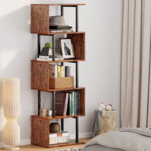 Furologee 6-Tier Bookshelf, Tall S-Shaped Geometric Bookcase, Industrial Freestanding Display Shelf Unit, Wood and Metal Decorative Room Divider for Living Room Bedroom, Home Office, Rustic Brown