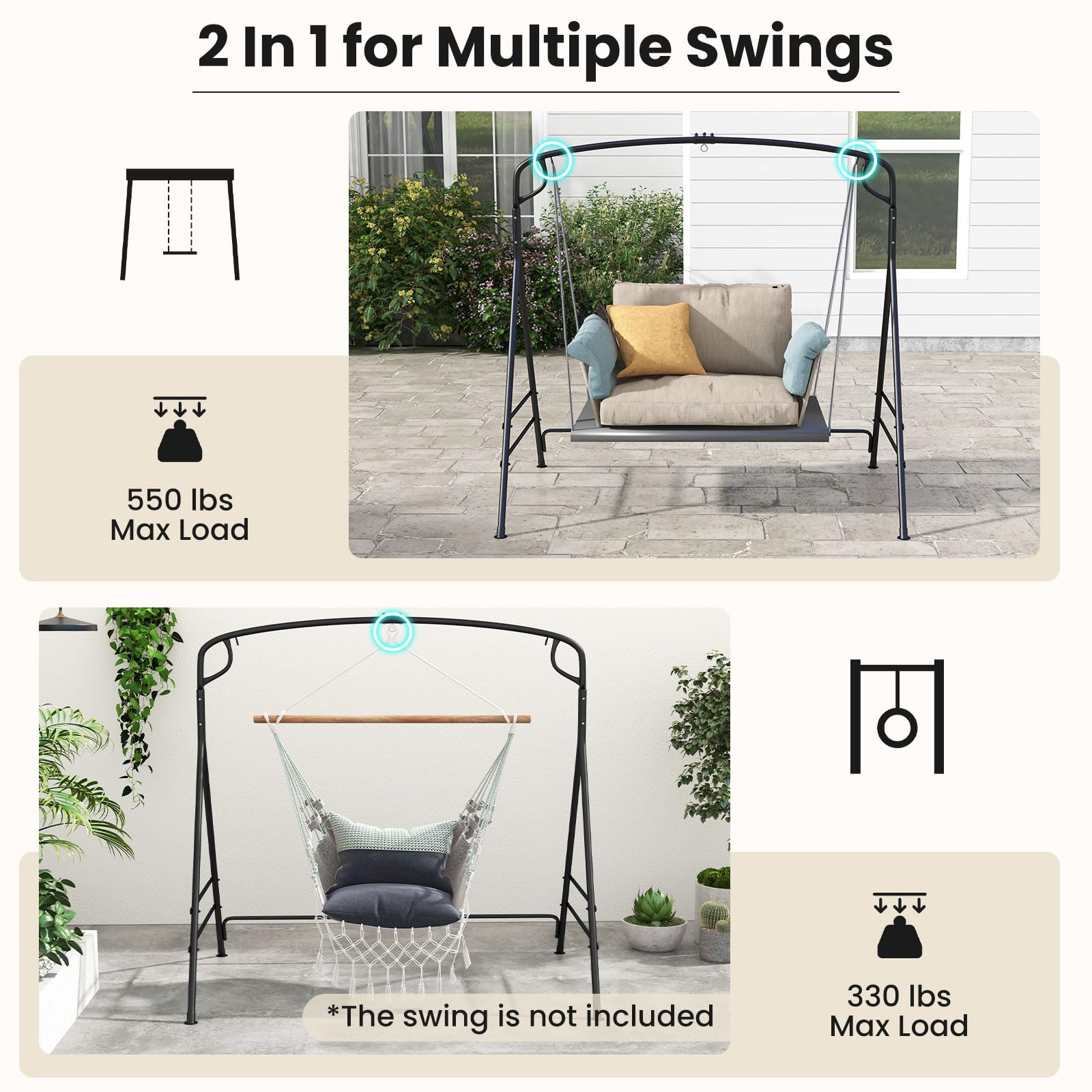 HAPPYGRILL Porch Swing Stand, Heavy Duty Metal Hanging Swing Frame with 2-Point/Single-Point Hanging, A-Frame Swing Stand for Indoor Outdoor Patio Backyard Fits for Most Swings