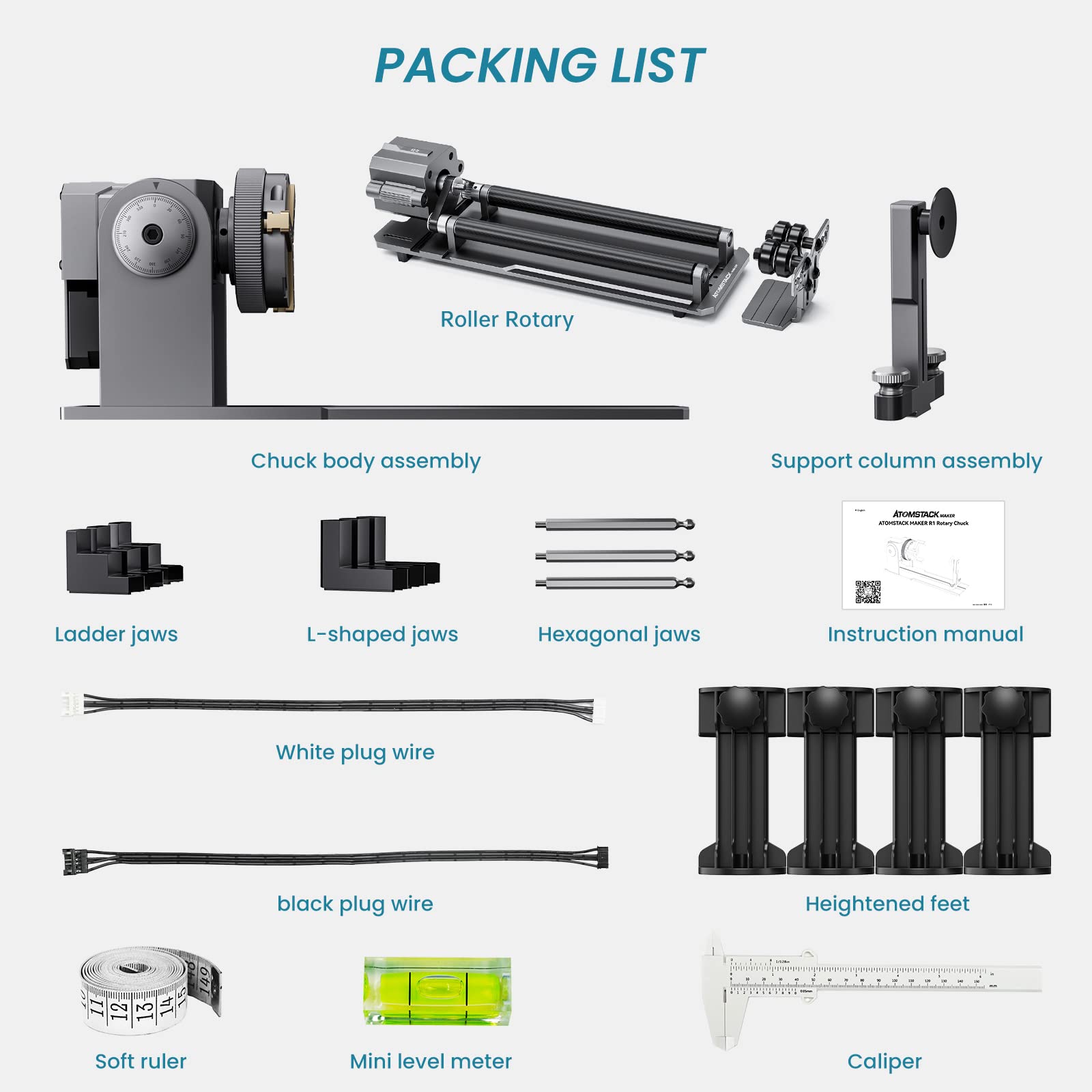 ATOMSTACK MAKER R1 PRO Chuck and Rotary Roller for Laser Engraver, 4-in-1 Laser Roller Rotary, 180° Adjustable Chuck with 3 Jaws for Engraving Rings, Irregular Items, Spherical & Cylindrical Objects