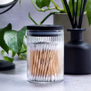 Mason & Fable Ribbed Glass Bathroom Jars with Airtight Black Bamboo Lids | Cotton Pad/Swab/Q tip Holder | Bath Salt/Small Makeup/Clear Vanity Apothecary Storage Canister Organizer – 10 fl oz, Set of 2