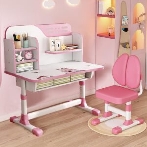 Small Desk, Standing Desk, Desk Chair Set, Height Adjustable Children School Study Table Chair Set with Astronaut Pattern, Ergonomic Desk Chair with Large Writing Board, Bookshelf and Drawer (Pink)