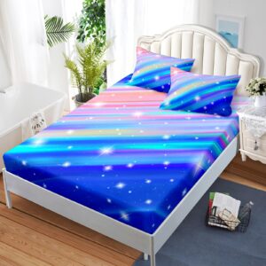 rainbow blue bedding sheets & pillowcases soft microfiber fantasy fitted sheet deep pockets fitted sheet room decor colorful stripe glitter twin size with 2 pillowcases for kids boys and girls,blue