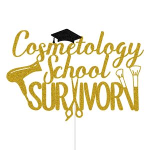 MFULHUBA Cosmetology School Survivor Cake Topper, You Did It, Congrats Barber/Hairdresser/Hairstylist, Congratulations, 2024 Graduation Party Decorations Gold & Black Glitter