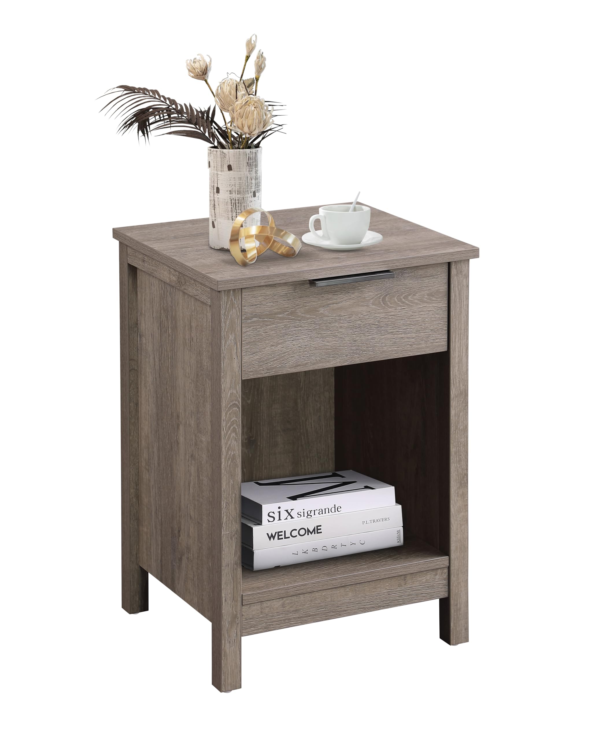 Kavonty Nightstand with Drawer,3-Tier End Side Table with Storage Drawer and Shelf,Modern Bedside Night Stand for Bedroom, Living Room-Retro Rustic Grey