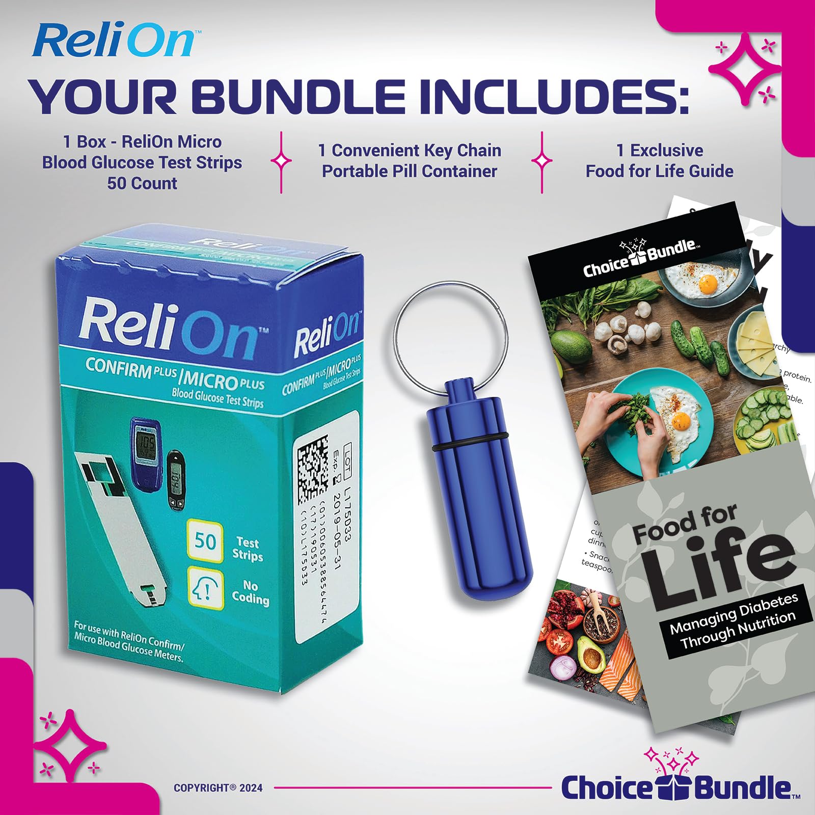 ReliOn Reli on Confirm Micro Blood Glucose Test Strips 50 Ct Choice Bundle (fits Confirm Plus/Micro Plus) + “Food for Life” Guide & Portable Pill Container (3 Items)!