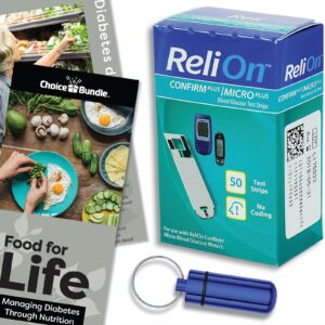 relion reli on confirm micro blood glucose test strips 50 ct choice bundle (fits confirm plus/micro plus) + “food for life” guide & portable pill container (3 items)!