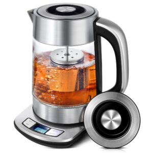 keinve electric kettle temperature control - 1.7l glass tea kettle electric with infuser, 60min keep warm & automatic shut off, 1500w rapid boil water boiler for loose tea, coffee, oatmeal