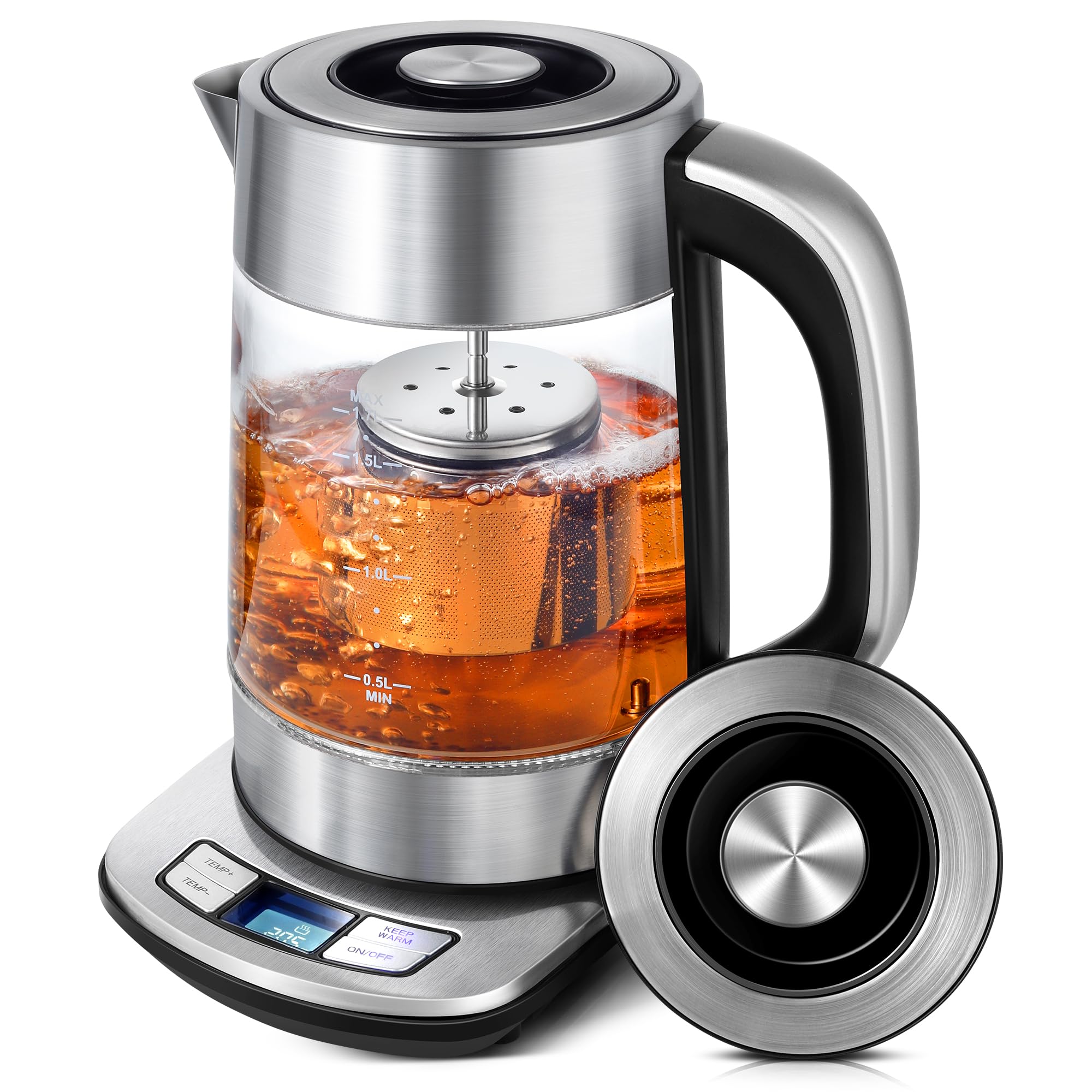 KEINVE Electric Kettle Temperature Control - 1.7L Glass Tea Kettle Electric with Infuser, 60Min Keep Warm & Automatic Shut Off, 1500W Rapid Boil Water Boiler for Loose Tea, Coffee, Oatmeal