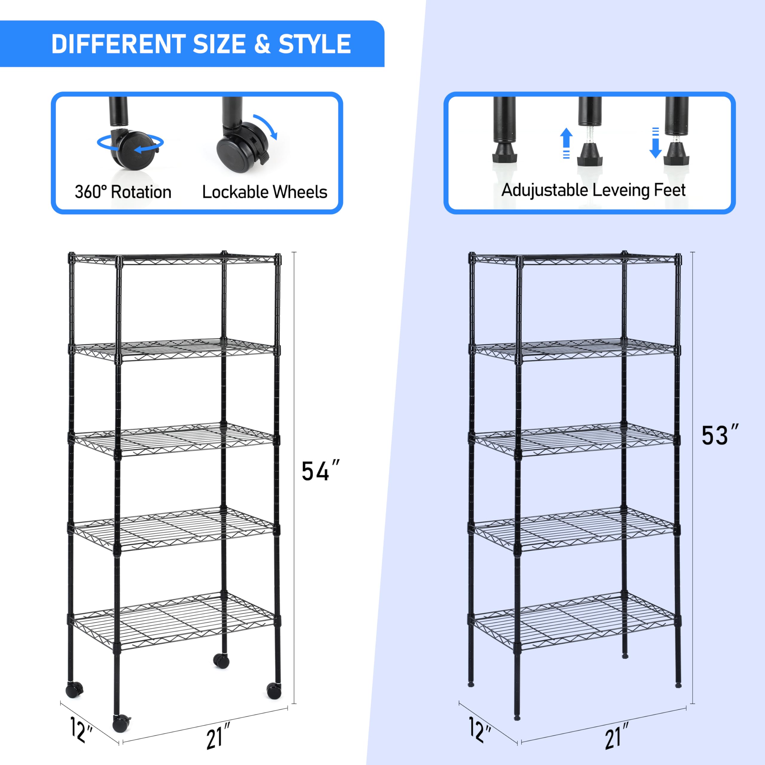 HealSmart Heavy Duty 5-Tier Storage Shelving Unit, 21" W x 12" D x 54" H Wire Metal Stackable Storage, Chrome