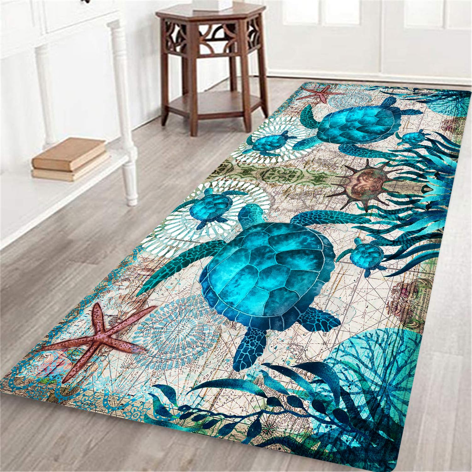 Coastal Runner Rug for Hallway 2x6 Sea Turtle Hallway Rugs Nautical Throw Rug Blue Turtles Beach Ocean Life Teal Marine Animal Area Rug Non-Slip Floor Carpet for Bedroom Entrance Door Mat Washable Rug