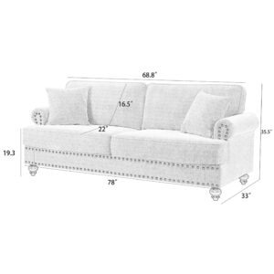 Asucoora Chenille Upholstered Couch, Rolled Arm 3-Seater Sofa Couch with Nailhead Trim and 2 Pillows Rolled Arm Green