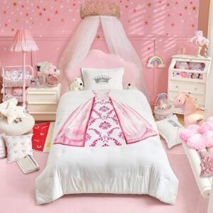 girls bed comforter set twin size 3pc pink and white princess bedding set with cute luxurious dress pattern on comforter and princess crown print on pillow shams