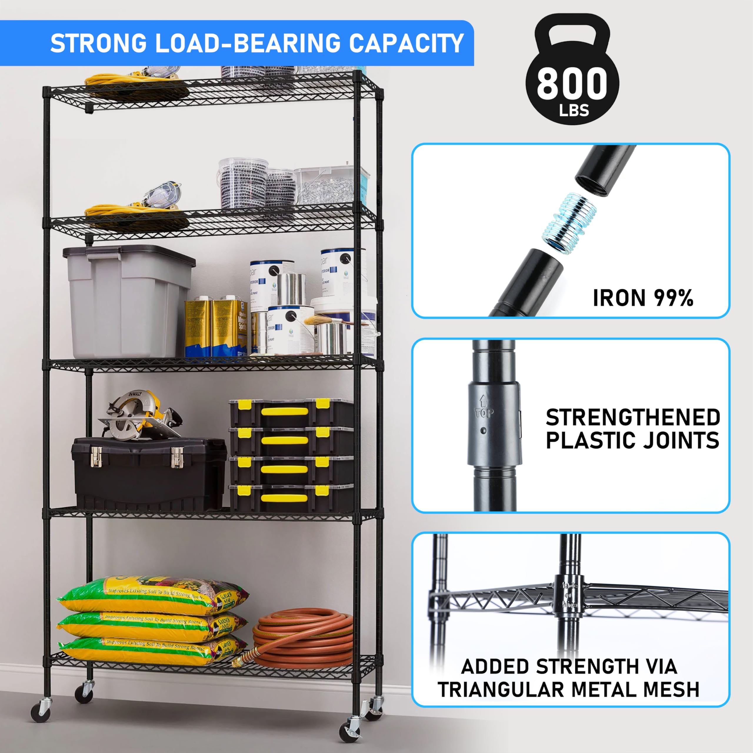 HealSmart Heavy Duty 5-Tier Storage Shelving Unit, 21" W x 12" D x 54" H Wire Metal Stackable Storage, Chrome