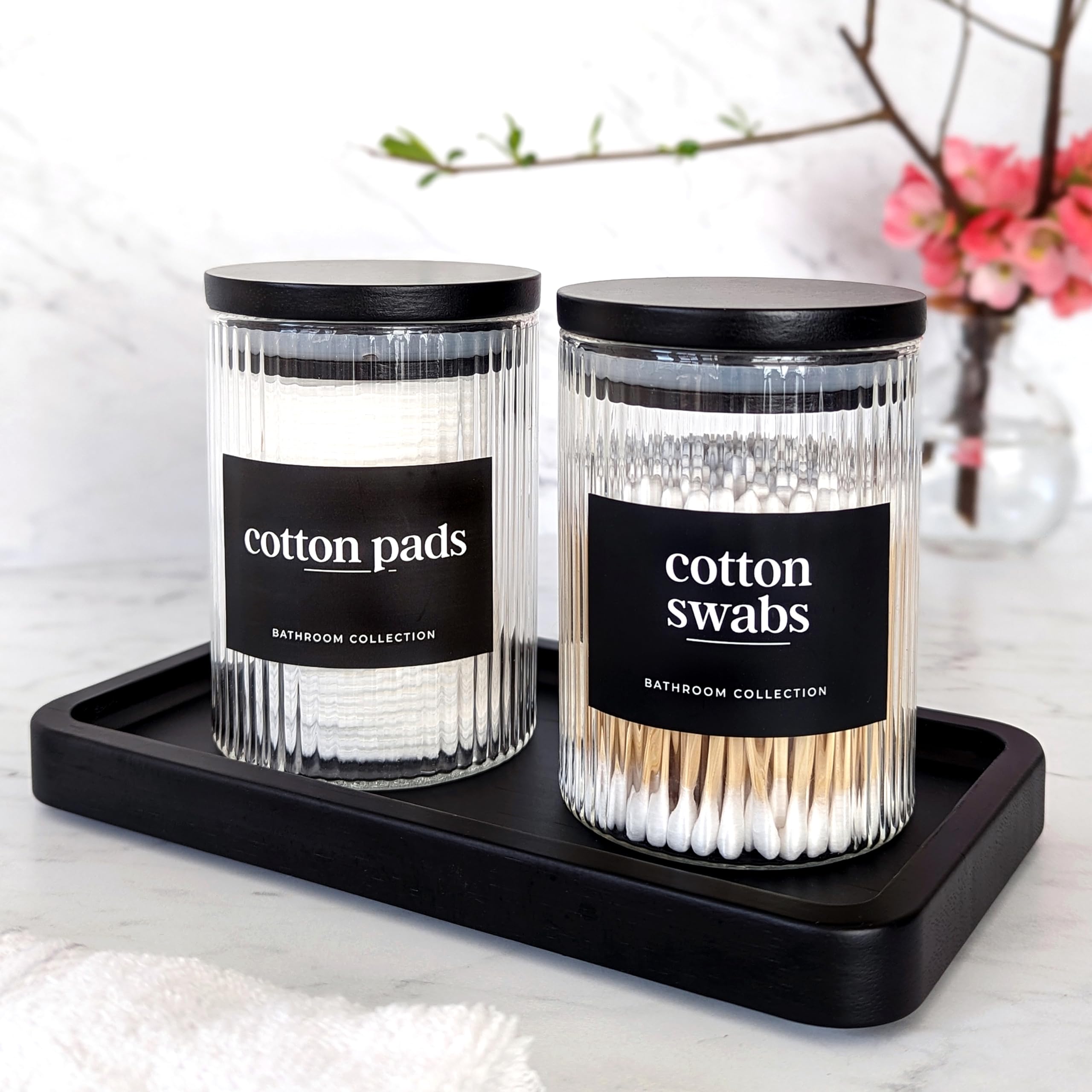 Mason & Fable Ribbed Glass Bathroom Jars with Airtight Black Bamboo Lids | Cotton Pad/Swab/Q tip Holder | Bath Salt/Small Makeup/Clear Vanity Apothecary Storage Canister Organizer – 10 fl oz, Set of 2