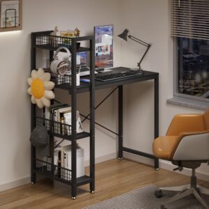 4NM 35" Small Computer Desk with 4-Tier Bookshelf and 8 Hooks, Home Office Desk Writing Workstation Study Table for Small Space Work - All Black