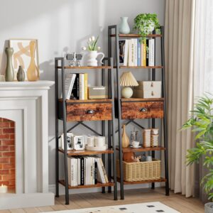 Furologee 5 Tier Ladder Shelf with Drawer, Tall Bookshelf Storage Shelves, Bookcase Standing Shelf Units, Industrial Open Display Shelves Organizer for Bedroom, Living Room, Kitchen, Rustic Brown