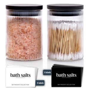 mason & fable ribbed glass bathroom jars with airtight black bamboo lids | cotton pad/swab/q tip holder | bath salt/small makeup/clear vanity apothecary storage canister organizer – 10 fl oz, set of 2