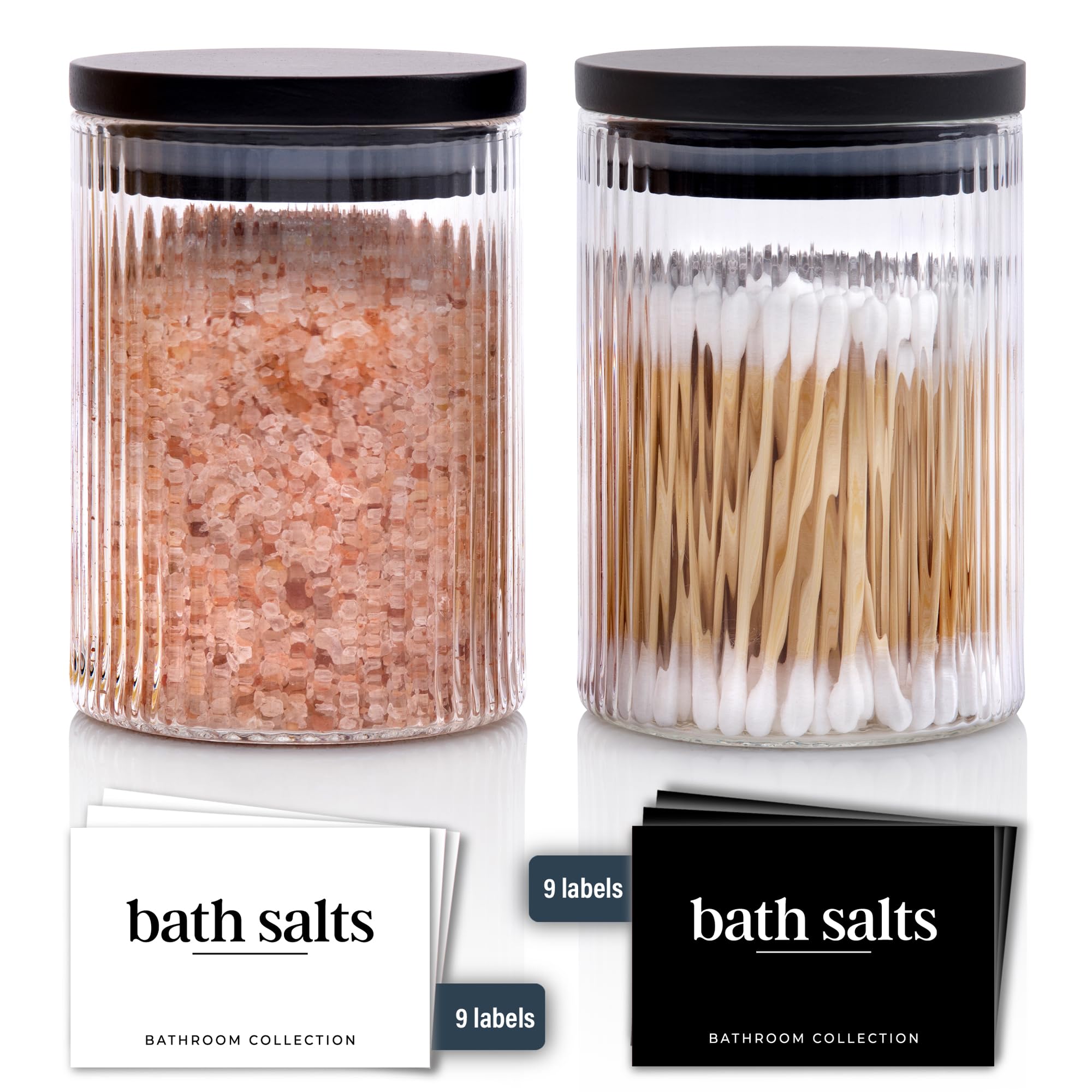 Mason & Fable Ribbed Glass Bathroom Jars with Airtight Black Bamboo Lids | Cotton Pad/Swab/Q tip Holder | Bath Salt/Small Makeup/Clear Vanity Apothecary Storage Canister Organizer – 10 fl oz, Set of 2