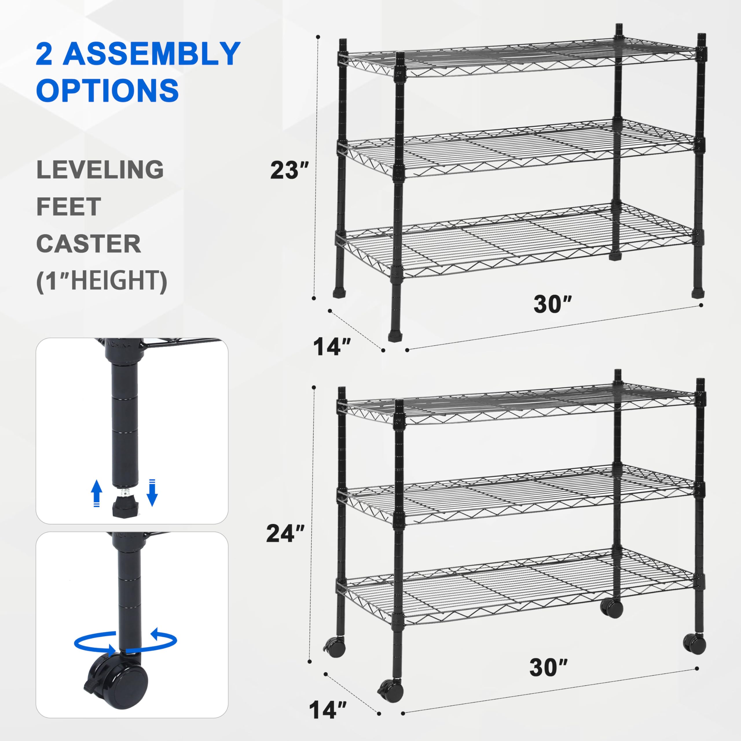 HealSmart Heavy Duty 3-Tier Shelving Units Adjustable, Wire Shelf with 750 lbs Capacity (250 per Shelf), 30" D x 14" W x 24 "H, Black, 3 Levels, Storage Shelf with Wheels & Leveling Feet