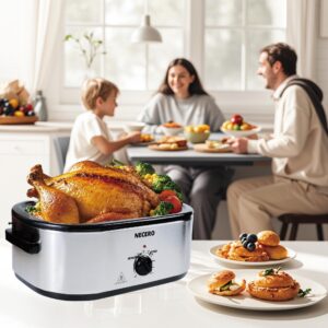 NECERO Roaster Oven,26Qt Electric Roaster Oven with Self-Basting Lid, Removable Pan, Cool-Touch Handles, 1450W Stainless Steel Roaster Oven, Silver