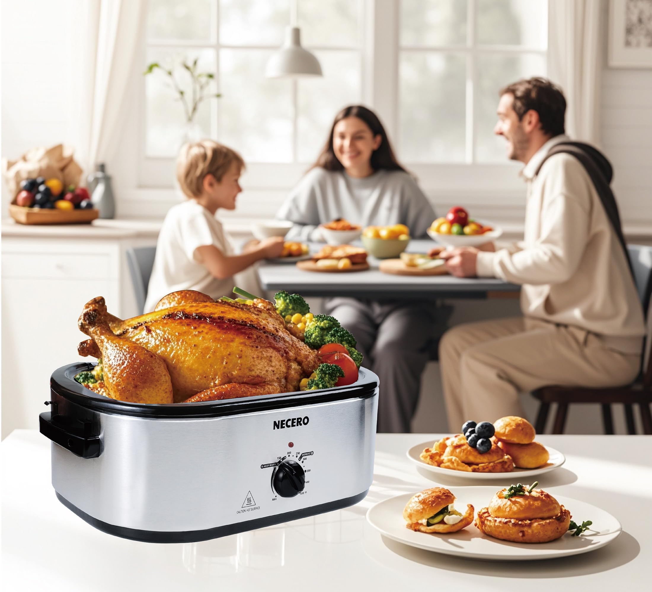 NECERO Roaster Oven,26Qt Electric Roaster Oven with Self-Basting Lid, Removable Pan, Cool-Touch Handles, 1450W Stainless Steel Roaster Oven, Silver