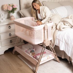 koolababy baby bedside sleeper - bassinet & bedside crib with height adjustment & wheels - can be placed next to bed - attaches to parents bed - easy to fold & carry baby bed for girls (pink)