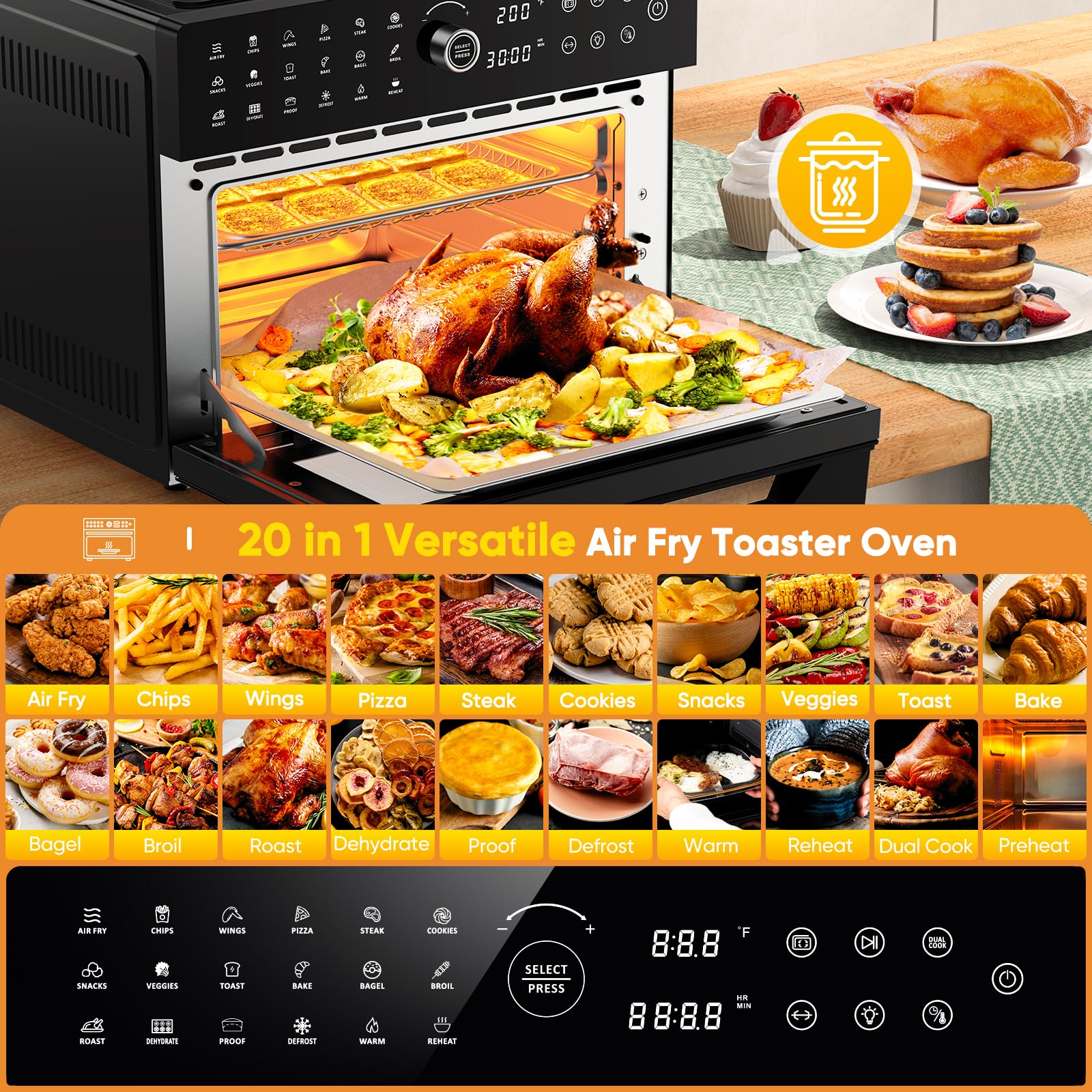 32QT Extra Large Air Fryer, Toaster Oven Air Fryer Combo, 360°Hot Air Circulation for Healthier Food, 1800W Preset Dual Cook, 13"Pizza Cooking, 20-in-1 Double-Rack Oven, 7-Accessory, Transparent Door