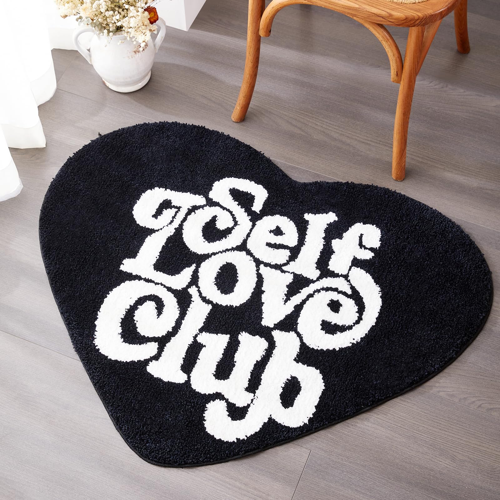 Aldopein Cute Black White Bath Mat for Bathroom Floor Bedroom Aesthetic, Boho Funky Fun Cool Bathroom Rugs Mat Non Slip Washable, Self Love Club Plush Heart Shaped Indoor Small Area Rugs, 24’’x32’’