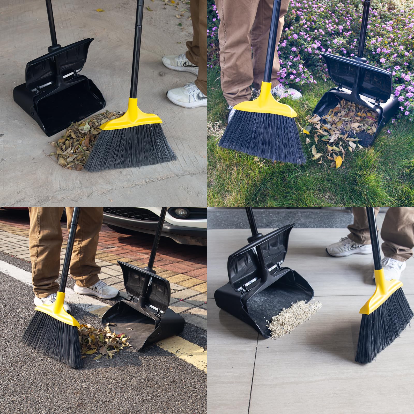 Indoor/Outdoor Heavy Duty Broom and Dustpan Set,Upright Plastic Commercial Dust Pan with 2 Brooms Perfect for Sweeping Courtyard Garage Lobby Kitchen Office Mall Market Shop Floor