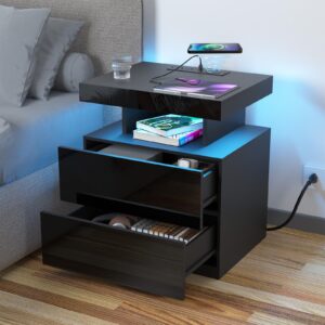 HOMMPA Black LED Nightstand with Charging Station 2 Outlets USB Port Type C, Bed Side Table with 2 Drawers & Wireless Charging Station, Smart LED Nightstand Modern High Gloss Night Table with Light