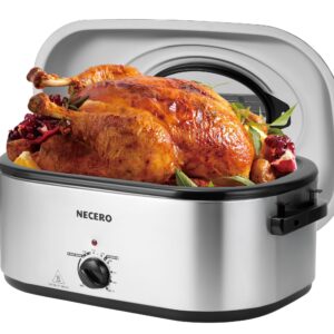 NECERO Roaster Oven,26Qt Electric Roaster Oven with Self-Basting Lid, Removable Pan, Cool-Touch Handles, 1450W Stainless Steel Roaster Oven, Silver