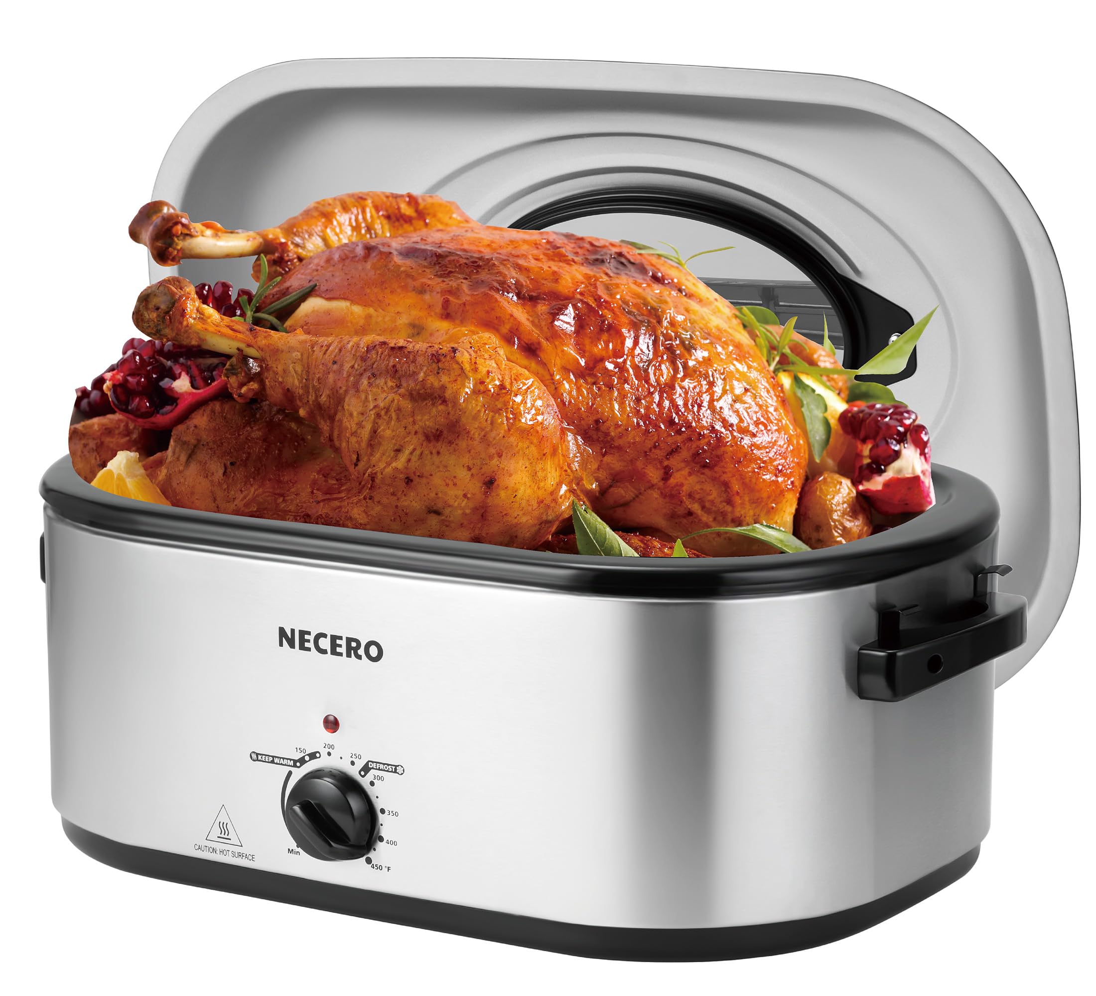 NECERO Roaster Oven,26Qt Electric Roaster Oven with Self-Basting Lid, Removable Pan, Cool-Touch Handles, 1450W Stainless Steel Roaster Oven, Silver