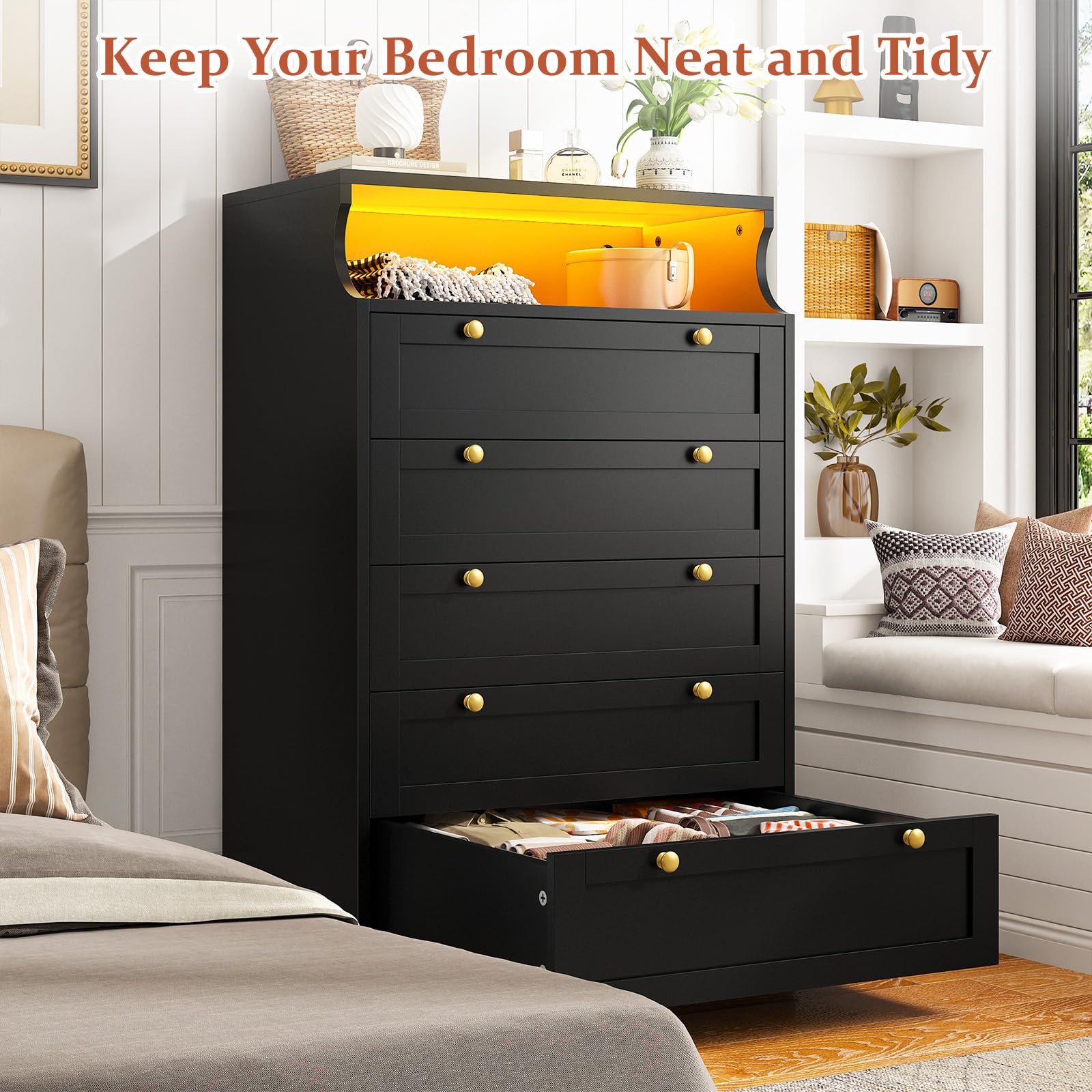 EnHomee 5 Drawer Dresser with LED, Black Dresser for Bedroom, Bedroom Dressers & Chests of Drawers, Tall Dresser with Deep Drawers for Bedroom Hallway Closet