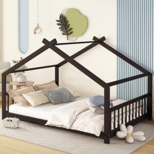 bellemave wood montessori full size bed frame, espresso - playhouse design, sturdy, safety, no box spring needed, easy assemble