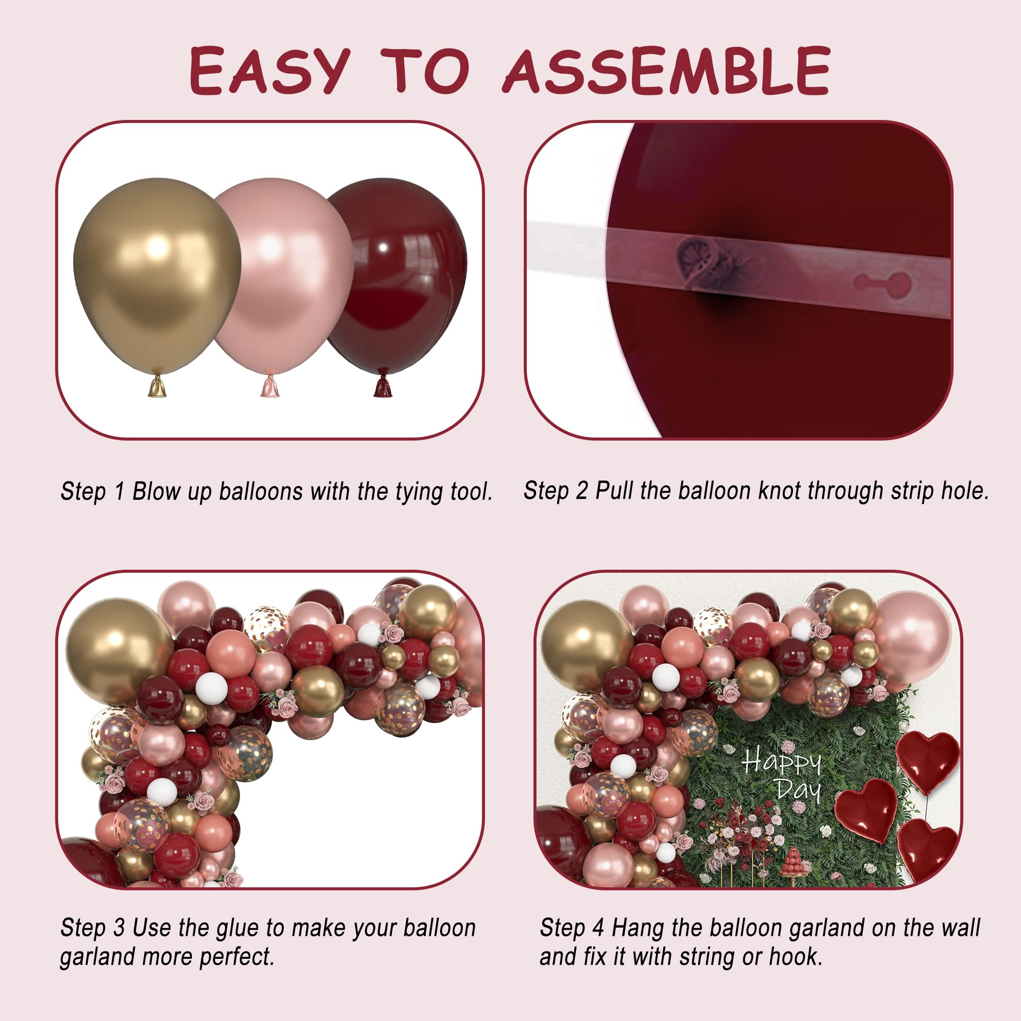 152Pcs Burgundy Balloons Arch Garland Kit Birthday Decorations for Women Girls Double-stuffed Burgundy Rose Gold Heart Balloons for Bridal Shower Wedding Bachelorette Anniversary Wine Party Supplies