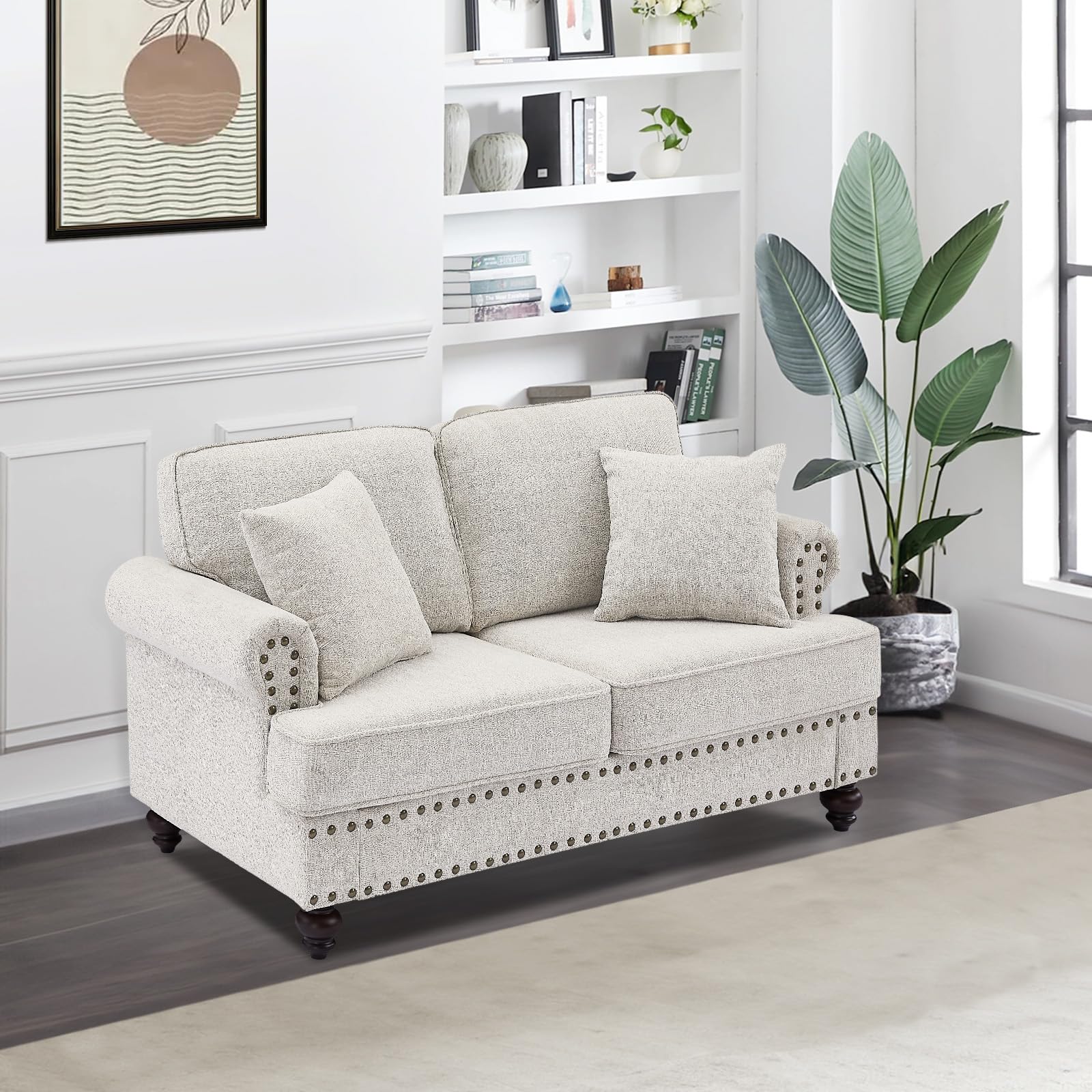 JEEOHEY 57" W Comfy Love Seat Sofa Couch,Chenille Fabric 2 Seater Sofa,Mid Century Modern Sofa,Deep Seat Sofa with Rolled Arms & Nailhead Trim for Living Room,Office,Apartment,Small Place(White)