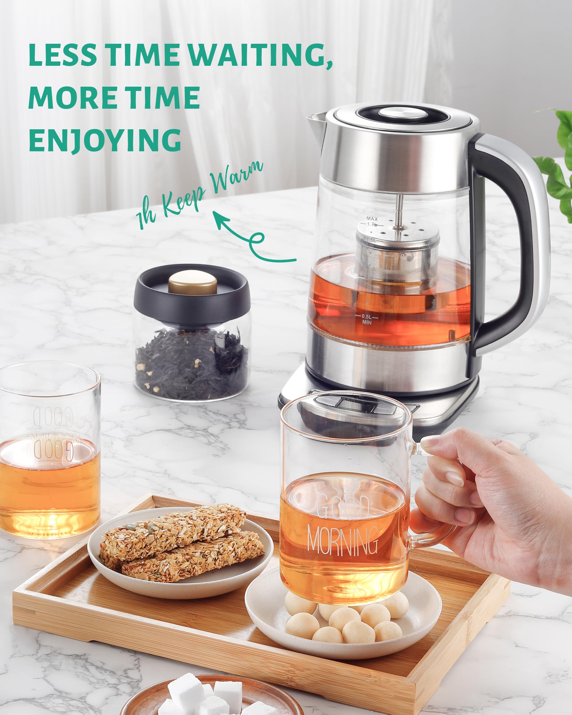 KEINVE Electric Kettle Temperature Control - 1.7L Glass Tea Kettle Electric with Infuser, 60Min Keep Warm & Automatic Shut Off, 1500W Rapid Boil Water Boiler for Loose Tea, Coffee, Oatmeal