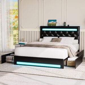 LIKIMIO Full Size Bed Frame with LED Light, PU Leather Platform Bed Frame with 4 Drawers, Adjustable Crystal Button Tufted Headboard, No Box Spring Needed, Black