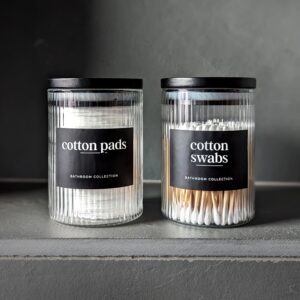 Mason & Fable Ribbed Glass Bathroom Jars with Airtight Black Bamboo Lids | Cotton Pad/Swab/Q tip Holder | Bath Salt/Small Makeup/Clear Vanity Apothecary Storage Canister Organizer – 10 fl oz, Set of 2