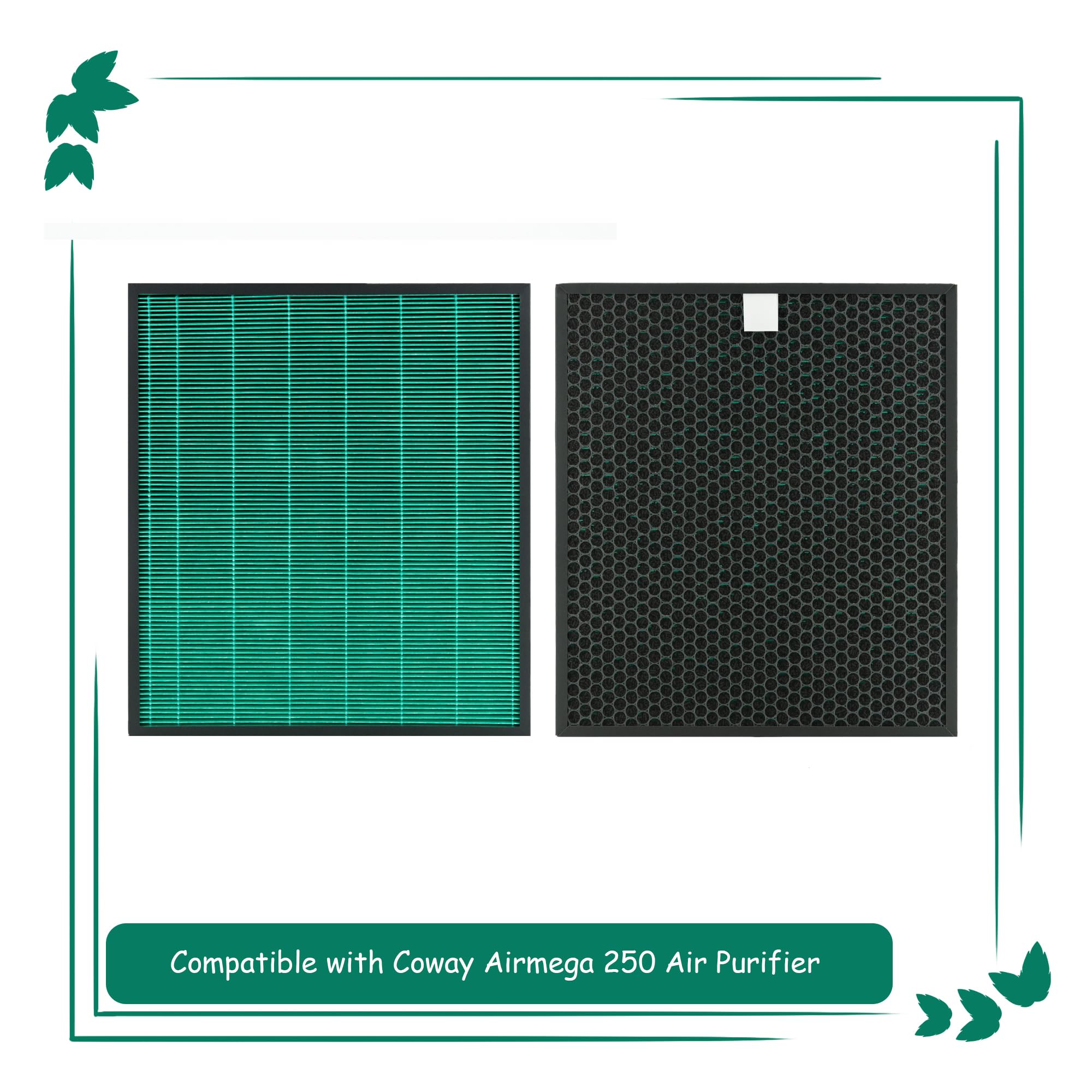 Asheviller Airmega 250/250S Filter Replacement, Compatible with Coway Airmega 250S and Coway Airmega 250 Air Purifier, Max 2 Green True HEPA and Active Carbon Filter, 2 Pack