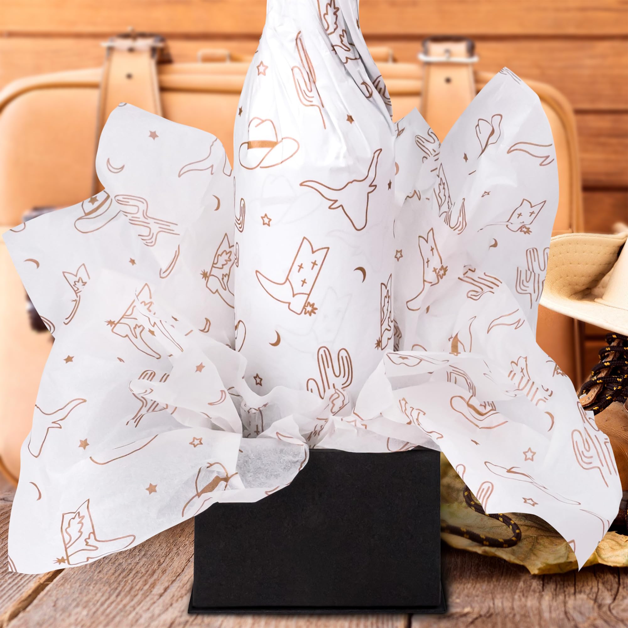 Hi Sasara 60 Sheets Western Cowboy Cowgirl Tissue Paper Bulk,14 x 20 inch,Brown Cow Boy Hat and Cow Boy Boots Tissue Paper for Gift Bags,White Cow Boy Girl Tissue Paper for Birthday (Brown)