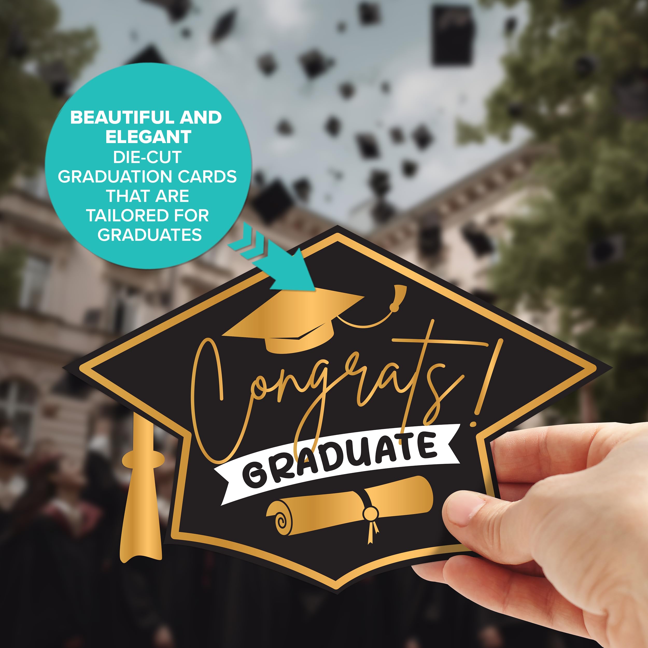 Decorably 20 Pack Gold Foiled & Glittery Graduation Cards 2024 with Envelopes & Stickers - 5 Die-Cut Designs College Graduation Card Pack, Graduation Cards Pack, 6.5x4.5in Grad Cards Pack