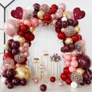 152Pcs Burgundy Balloons Arch Garland Kit Birthday Decorations for Women Girls Double-stuffed Burgundy Rose Gold Heart Balloons for Bridal Shower Wedding Bachelorette Anniversary Wine Party Supplies