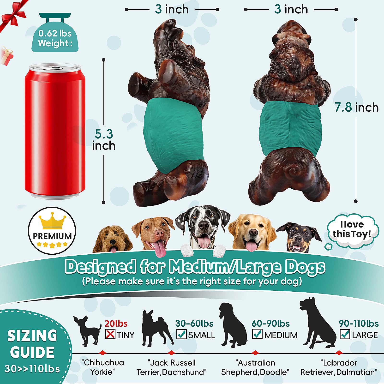 DBF Dog Chew Toys for Aggressive Chewers - Wild Boar Indestructible Dog Squeak Toy with Bacon Flavor, Durable Heavy Duty Dog Toys, Tough Nylon Dog Bones Toys for for Large Medium Breed(Cyan)