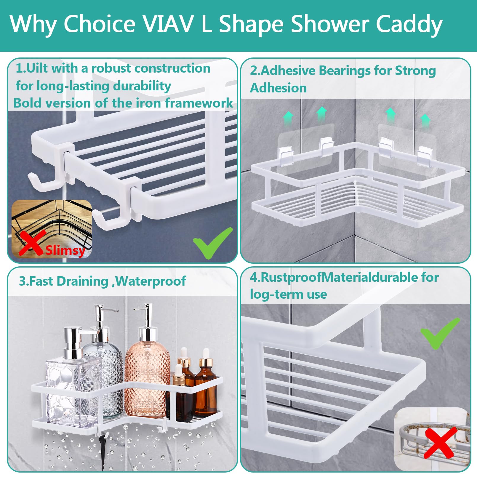 VIAV Corner Shower Caddy 2PCS Adhesive Shower Shelves Corner Organizer Rustproof Shower Rack No Drilling Needs Bathroom Shelve Organizer for Bathroom,Kitchen-White