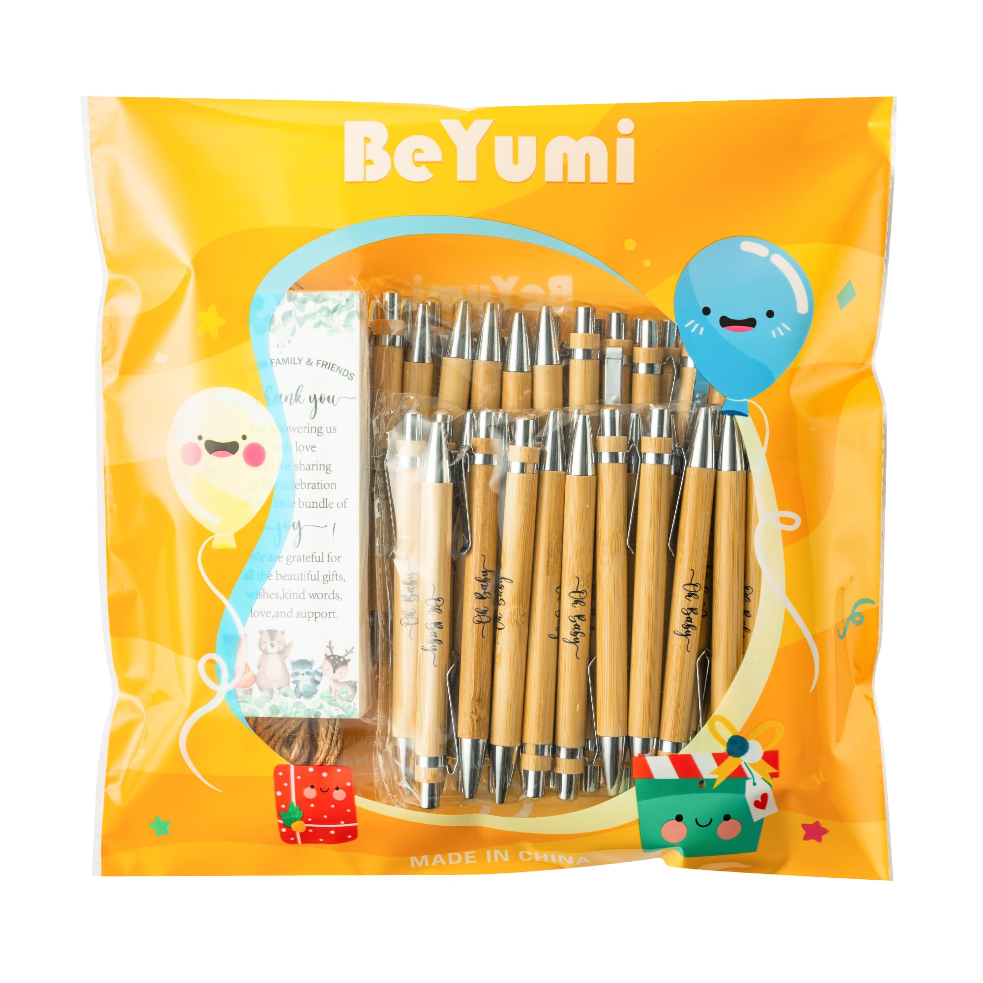 BeYumi Woodland Baby Shower Gifts - 101Pcs Woodland Safari Baby Shower Gifts for Guest Greenery Woodland Baby Shower Favors Retractable Baby Shower Bamboo Pens Greeting Card Bookmarks Souvenirs Prizes