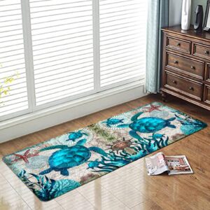 Coastal Runner Rug for Hallway 2x6 Sea Turtle Hallway Rugs Nautical Throw Rug Blue Turtles Beach Ocean Life Teal Marine Animal Area Rug Non-Slip Floor Carpet for Bedroom Entrance Door Mat Washable Rug